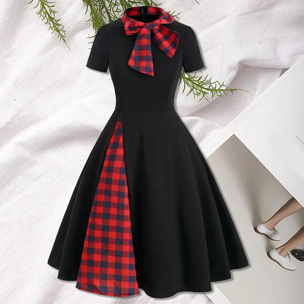 

2023 Spring Summer Women Dress Plaid Vintage Casual Bow Short Sleeve Stand Collar Office Ladies Casual Flannel Plaid Shirt Dress