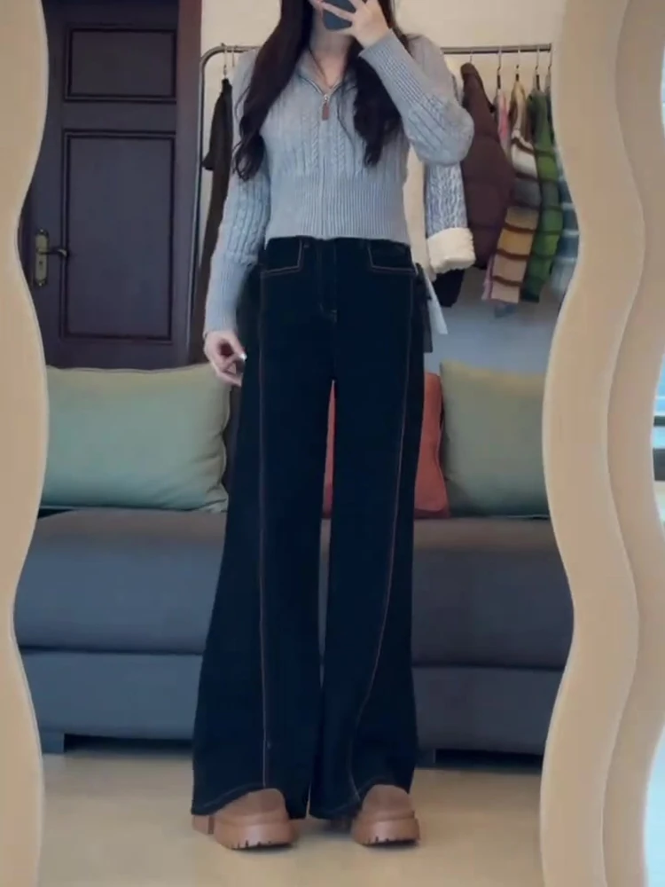 Черные широкие джинсы на флисовой подкладке больших размеров женские зимние 2024