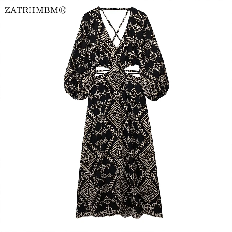 

ZATRHMBM Women 2023 New Fashion Openwork Embroidered Midi Dress Vintage V-Neck Long Sleeve Female Dresses Vestidos Mujer