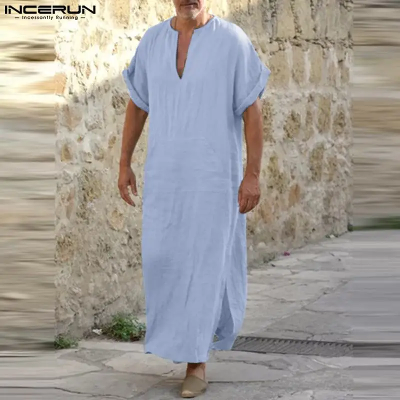 

INCERUN Men Muslim Kaftan Solid Jubba Thobe V Neck Short Sleeve Retro Islamic Arabic Caftan Men 2023 Cotton Pockets Abaya S-5XL