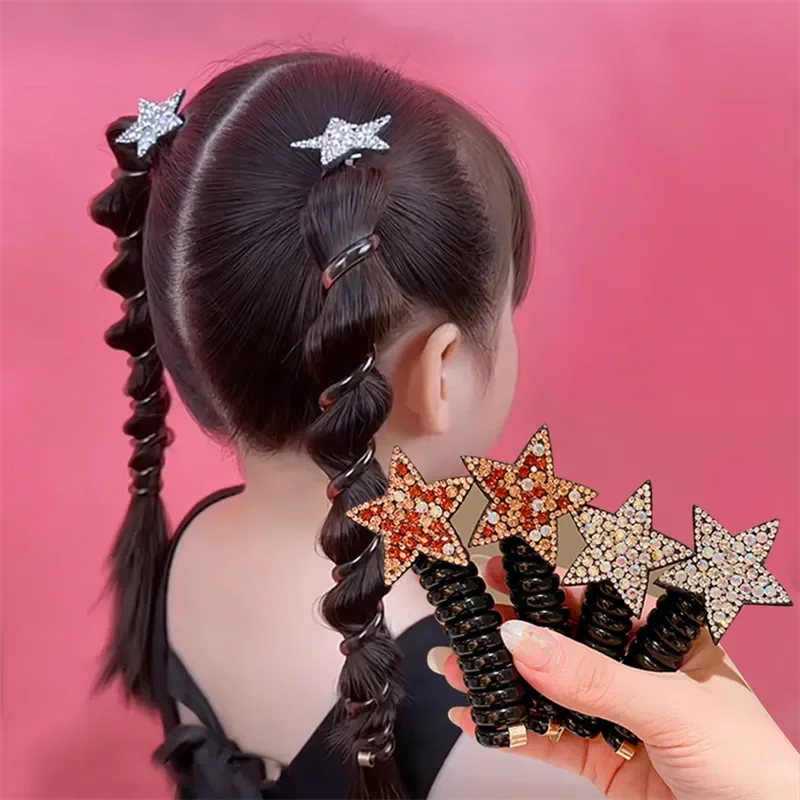 

2023 Children Girls Rhinestone Pentagram Star Ponytail Elastic Hair Bands Rubber Tie Bundle Scrunchies Telephone Wire Accessorie