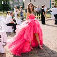 jeheth rose pink off shoulder evening dresses sweetheart a line tulle short front long back prom party gown vestidos de mujer