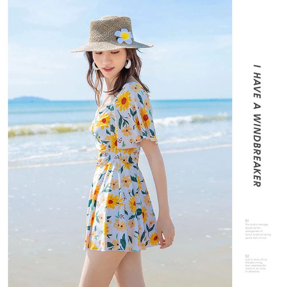 AGELICALOVE Girl Sweet Square Collar Ruffles Tummy Control Print Swimsuit Women Bathing Suits Holiday Hot Springs Beach Swimwear