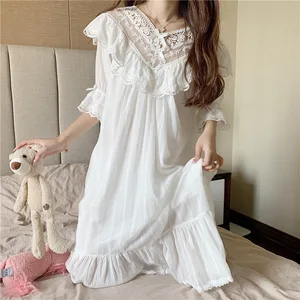 Girls Lolita Long Dress Cotton Nightgowns Dressing Gown Sleepwear Vintage Ruffles Nightdress Lace Sexy Nightwear Negligee