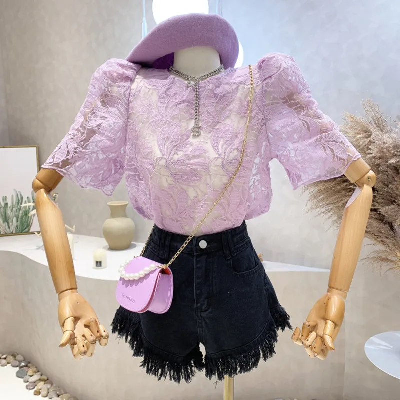 

New Women's Clothing 2022 Summer Sweet lace hook flower slightly transparent round neck and short sleeve shirt Top blusas