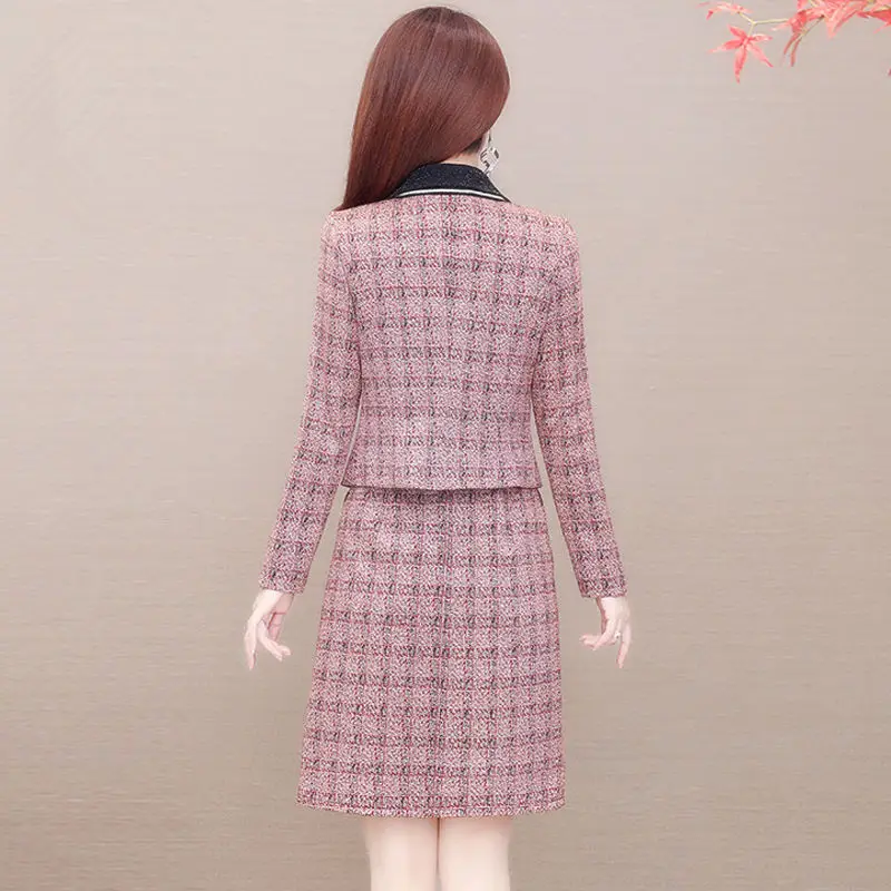 Women Vintage Dress Two Peice Suit Fall Winter Plaid Cardigans Jacket +Turn Down Collar Dress Outfits Office Lady Plus Size Set