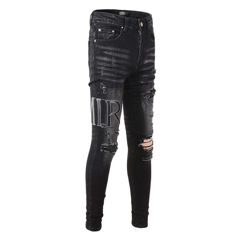 Men's Black High Street Distressed Slim Leather Letters Patchwork Damaged Holes Skinny Stretch Ripped Streetwear Jeans