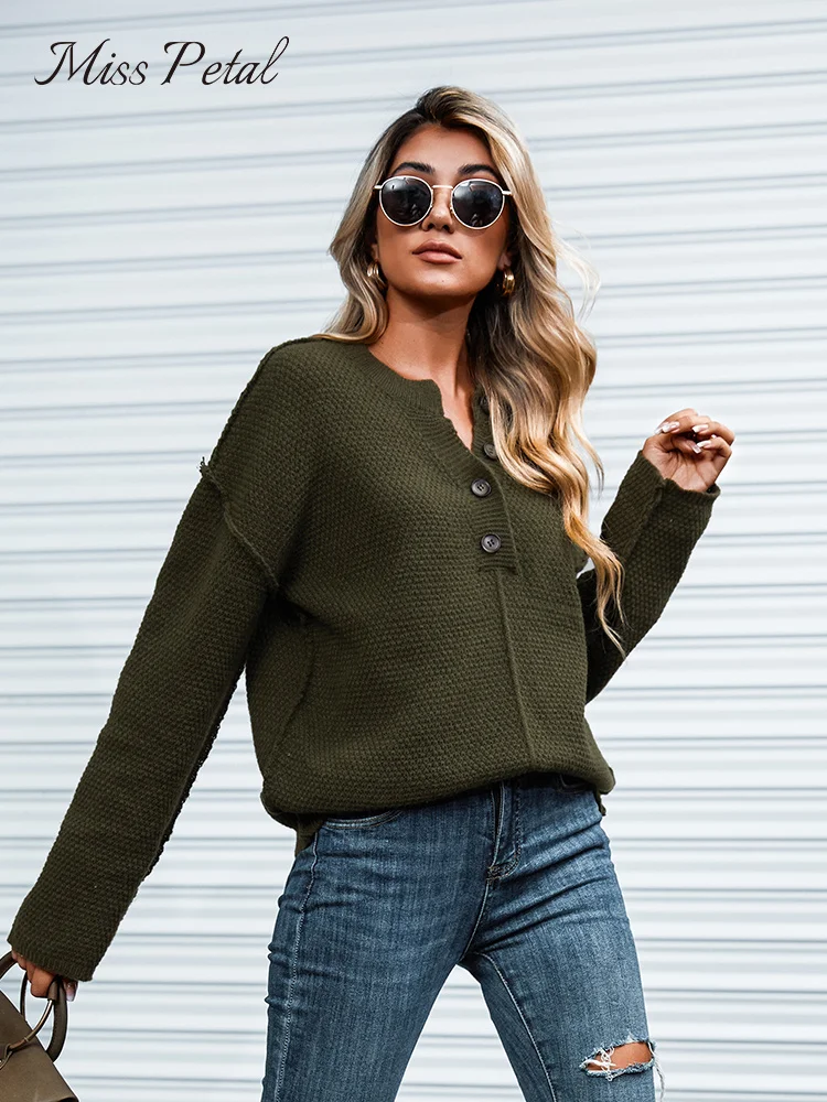 

Textured Half-Button Sweater For Women Casual Loose Long Sleeve Pullovers Knitted Top 2023 Autumn Winter Knitwear