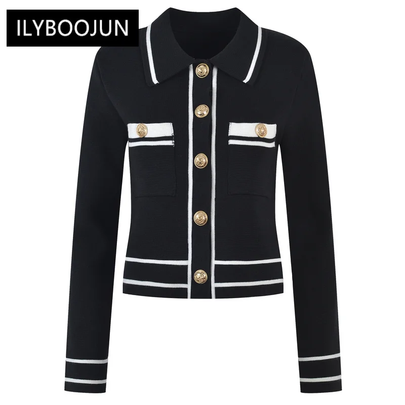 

crochet braid gold button Contrast Knitted Long Sleeve Cardigan sweater 2022 Luxury Designer Runway Elegant Women's winter Coats