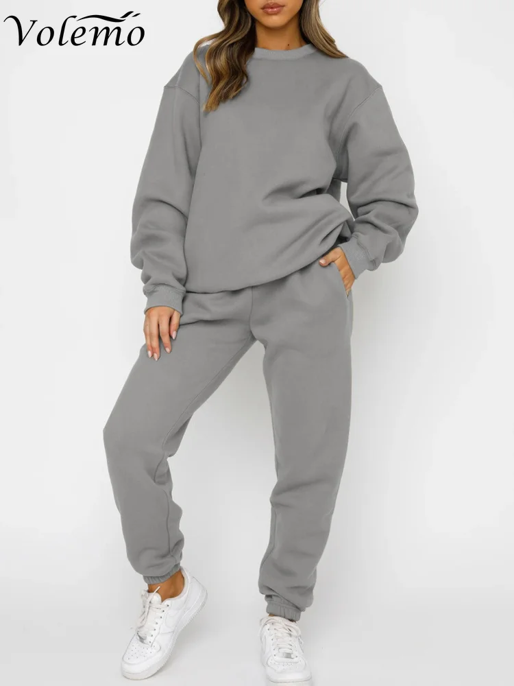

Women Autumn 2 Piece Outfits Solid Color Warm Top Long Pant Crew Neck Casual Hoodie Pants Set Long Sleeve Oversized Sport Outfit