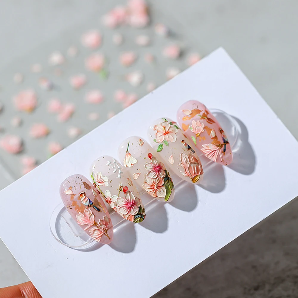 

Pink Series Embossed Nail Art Sticker 5D Magnolia Petals Decor Design Ultra Thin Charm Slider Manicure Decal Nails Tips Supplies