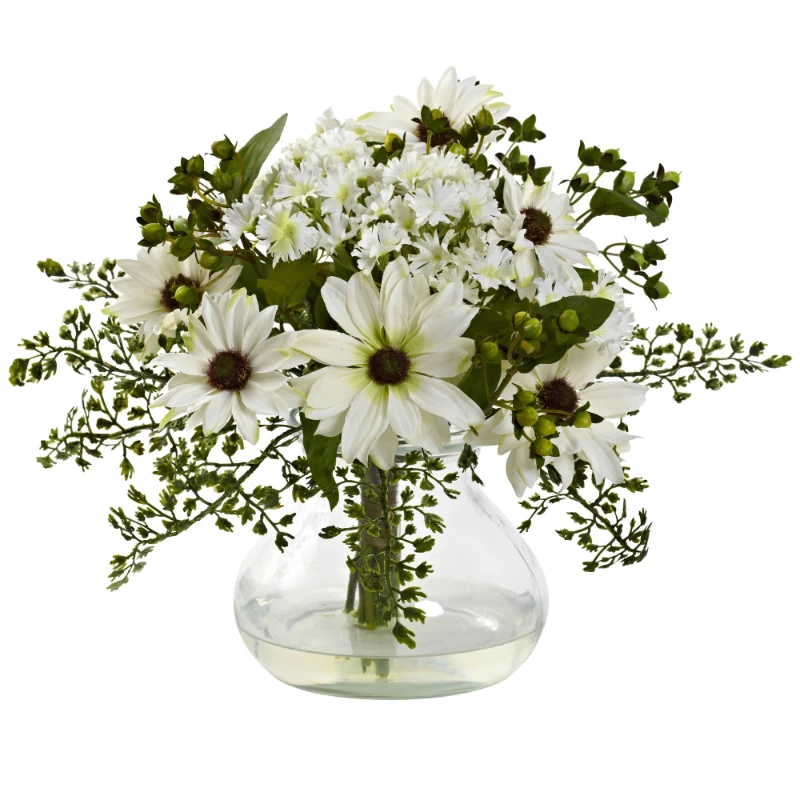 

Mixed Daisy Artificial Floral Arrangement with Vase, White
