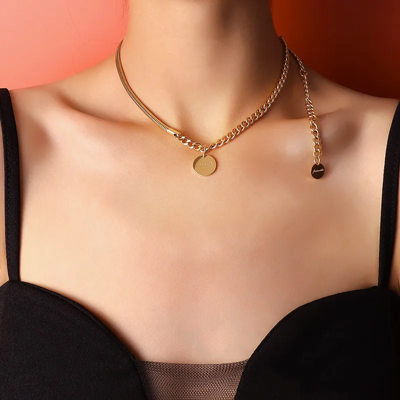 

Hip Hop Round Stitching Chain Women's Necklace Stainless Steel Pendant Clavicle Chain Simple Classic Fashion