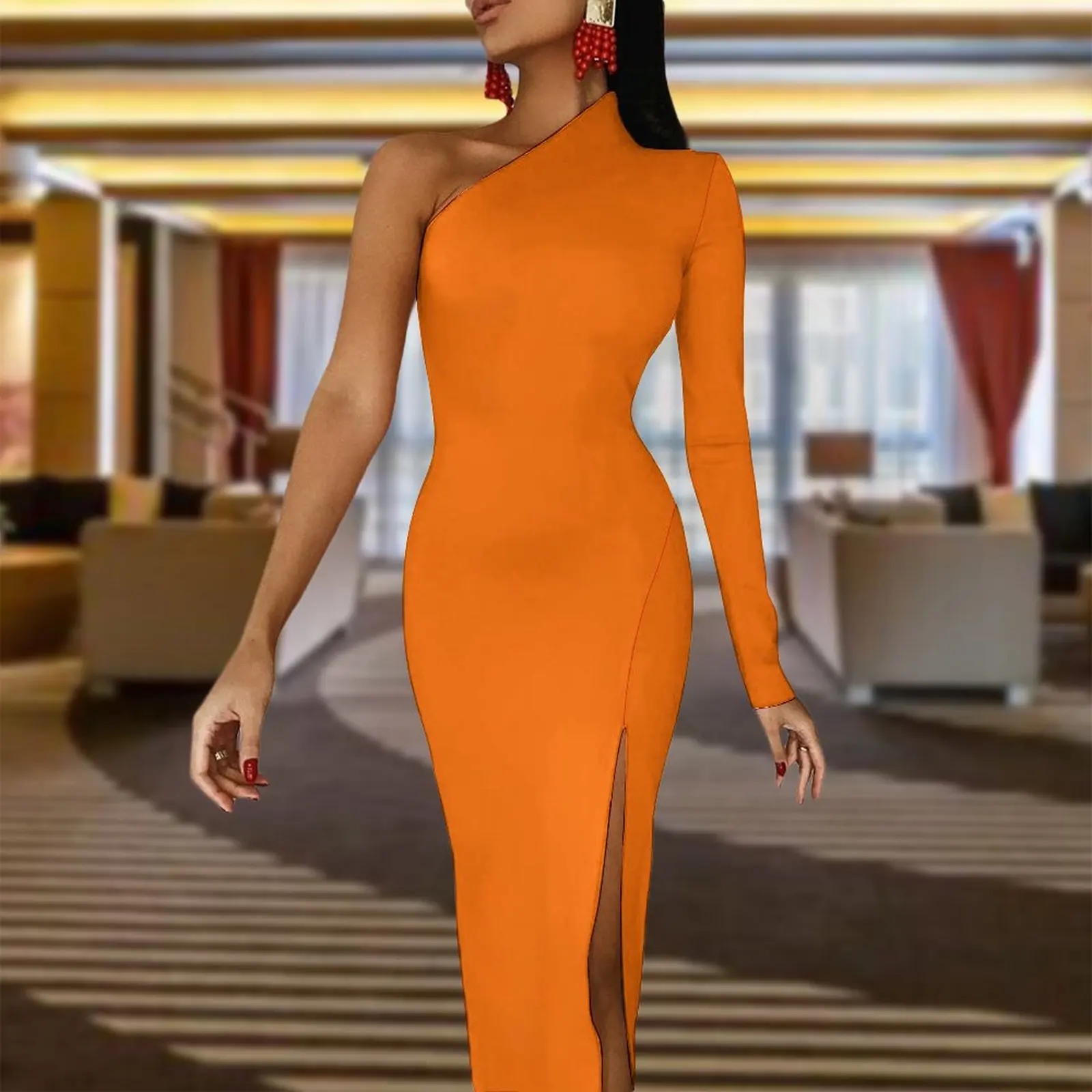 

Женское облегающее платье до щиколотки, элегантное оранжевое платье с длинным рукавом и асимметричным подолом в уличном стиле, лето 2023