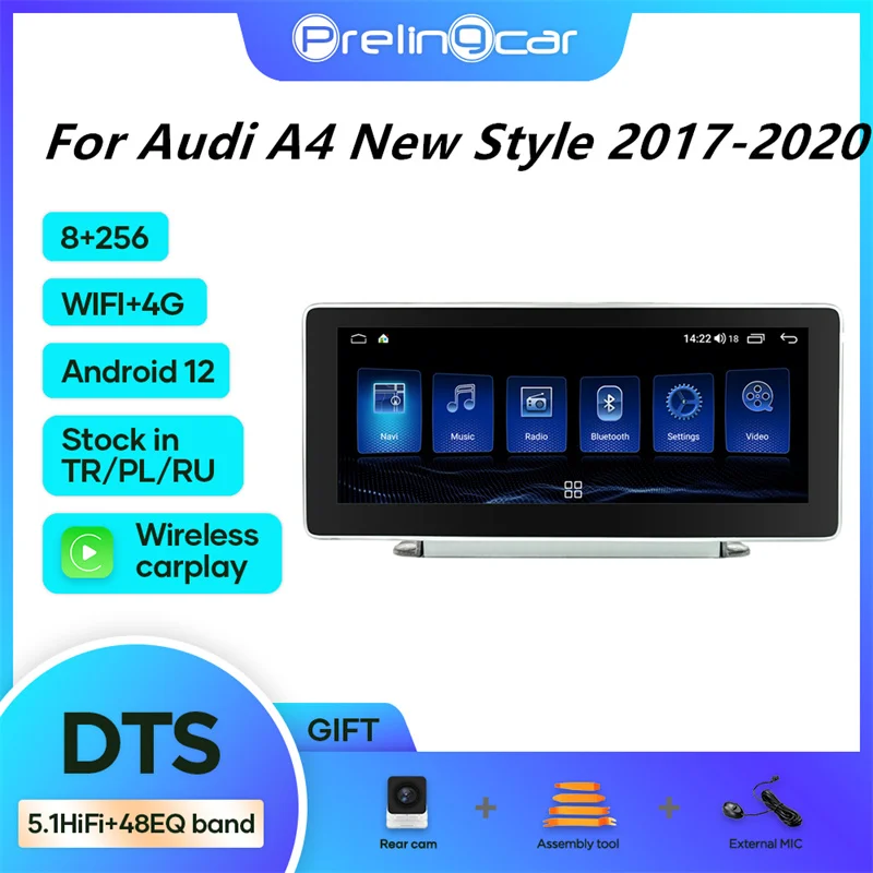

Автомобильный мультимедийный проигрыватель Prelingcar, 10,25 дюйма, Android 12,0, для Audi A4, новый стиль 2017-2020, 4 Гб + 64 ГБ, радио, видео плеер, GPS-навигация, 2 Din