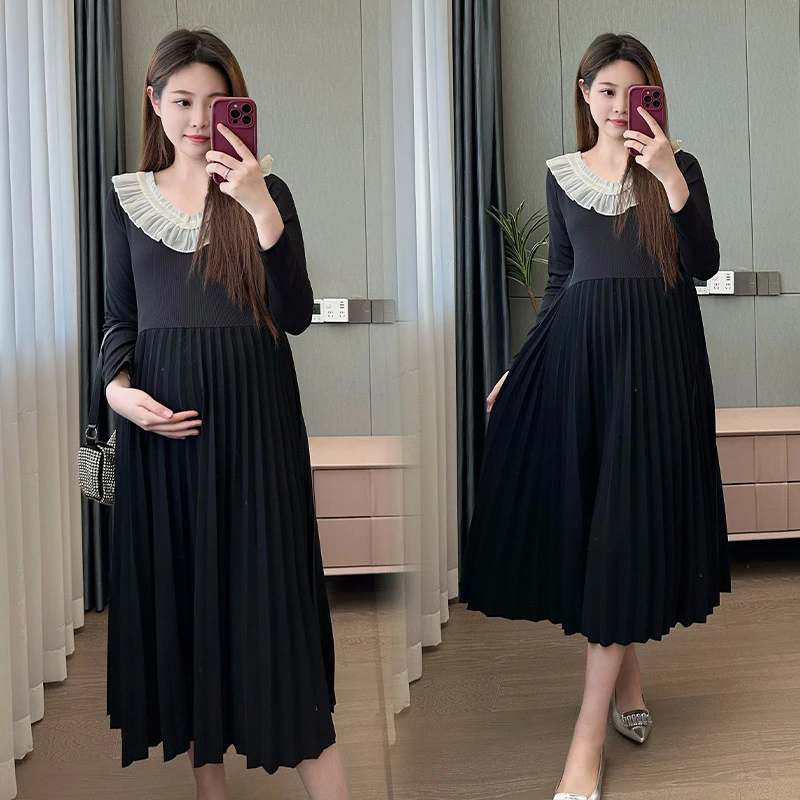 Осеннее элегантное платье для беременных черное милое кружевное плиссированное