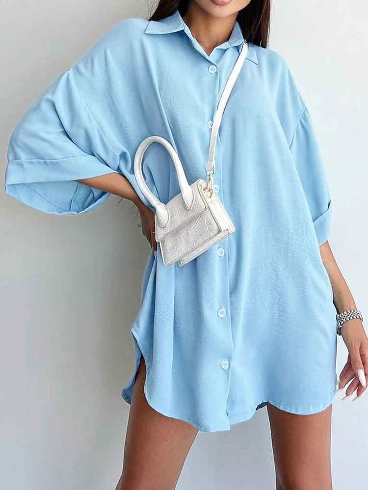 

Loose Women's Home Clothes Blue Turn Down Collar Half Sleeve Sleepwear Female Solid 2023 Spring Casual Nightwear Buttons
