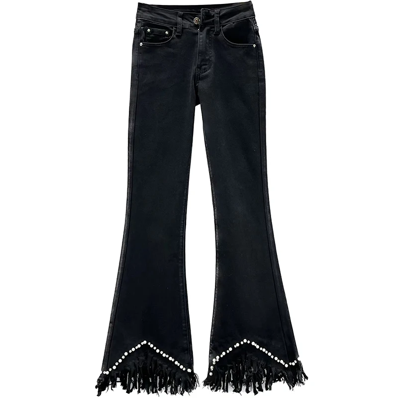 Beaded Denim Bell-Bottom Pants Women's Trendy 2023 New Spring Stretchy High Waist Jeans Slimming Fringed Burr Trousers