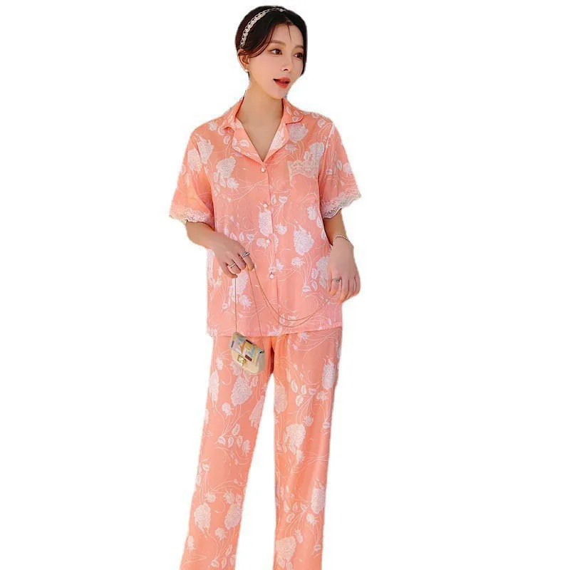 2023 Summer New Pajamas Suit Women's Ice Silk Short Sleeve Trousers Lace Suit Can Be Outerwear Homewear