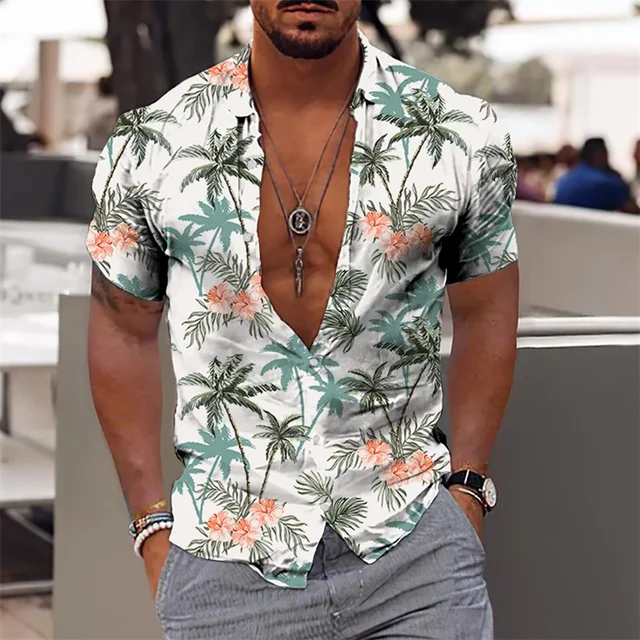 Hawaiian Shirt For Men Vacation Daily Slim Fit Tops Gym Elegant Flower Pattern Leaves Social Casual Fashion Camisa Y2k Clothing 1