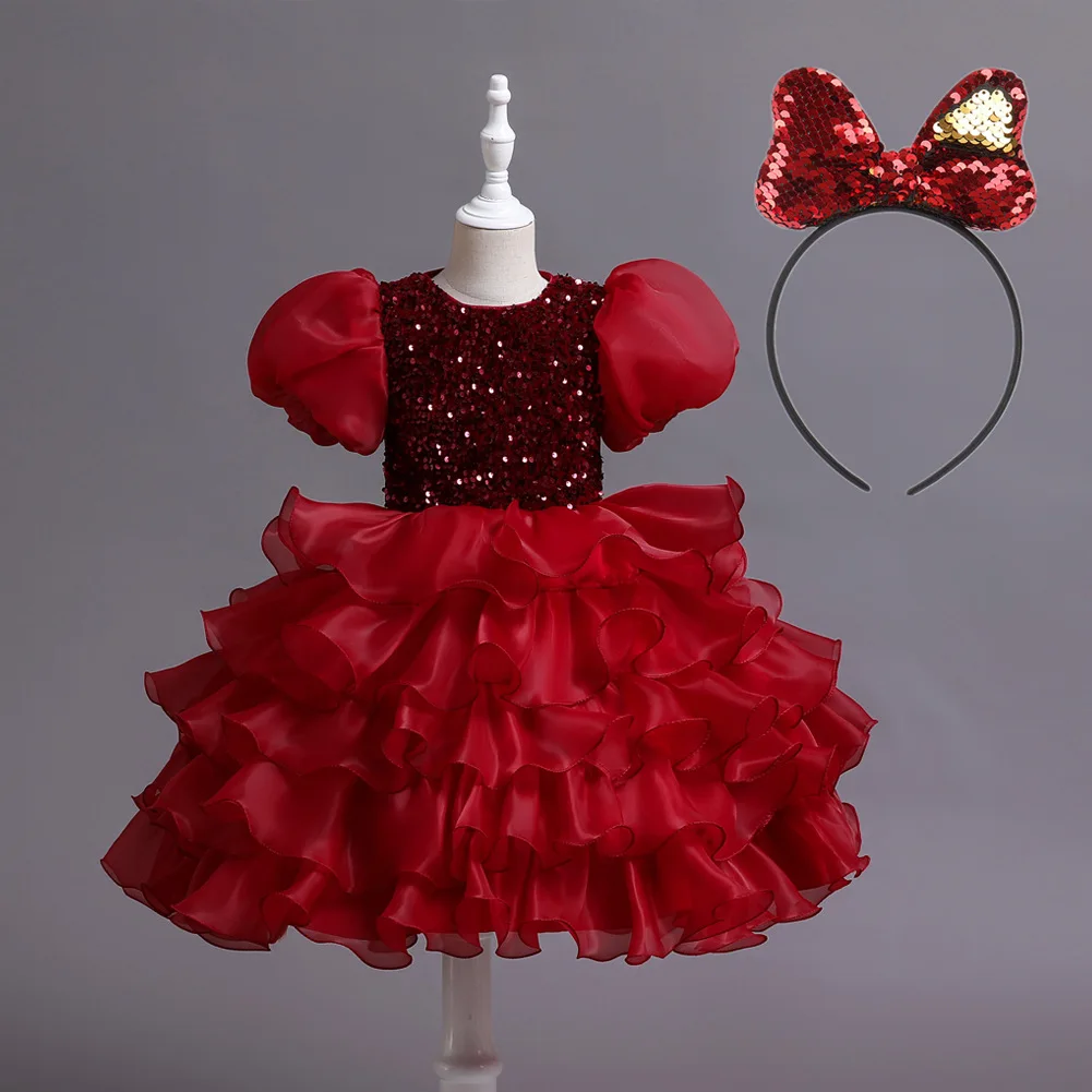

Girls Sequin Dress Sweet Cake Dress Organza Puff Sleeve Princess Dress Wedding Birthday Dress with Tiara 2-10Y Baby Girl Dress