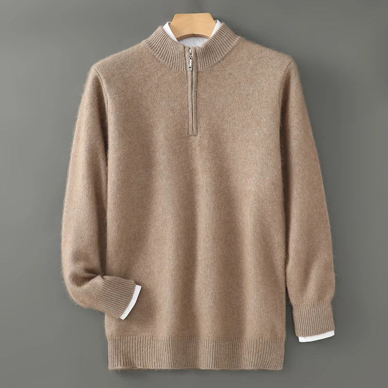 100% норковый кашемировый свитер мужской полувысокий воротник на молнии вязаный