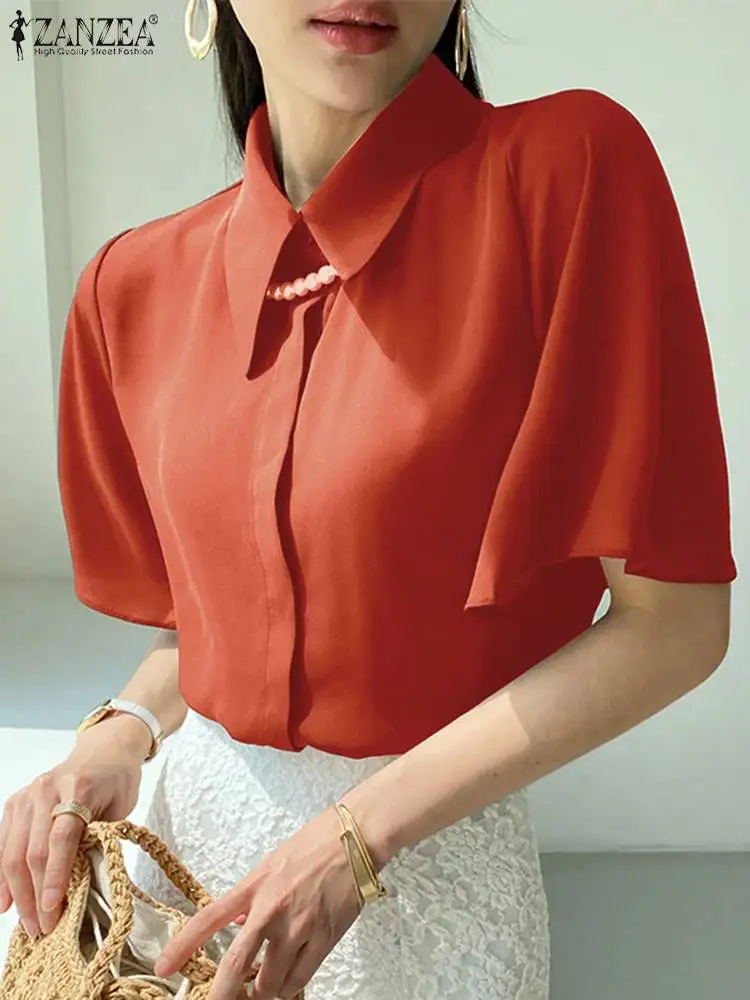 

Блузка ZANZEA женская с отложным воротником, Модная элегантная офисная туника с коротким рукавом, повседневный однотонный топ, лето 2022