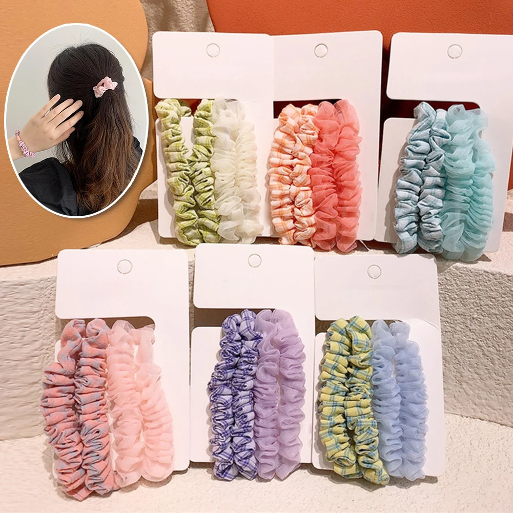 

4PC Organza Hair Scrunchies Vintage Solid Color lattice Elastic Hair Bands Ponytail Hair Rope Fashion Hair Accessories For Girls
