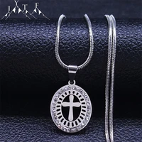 cross oval stainless steel rhinestone snake chain necklace women catholic silver color religious hollow necklaces jewelry n8060s