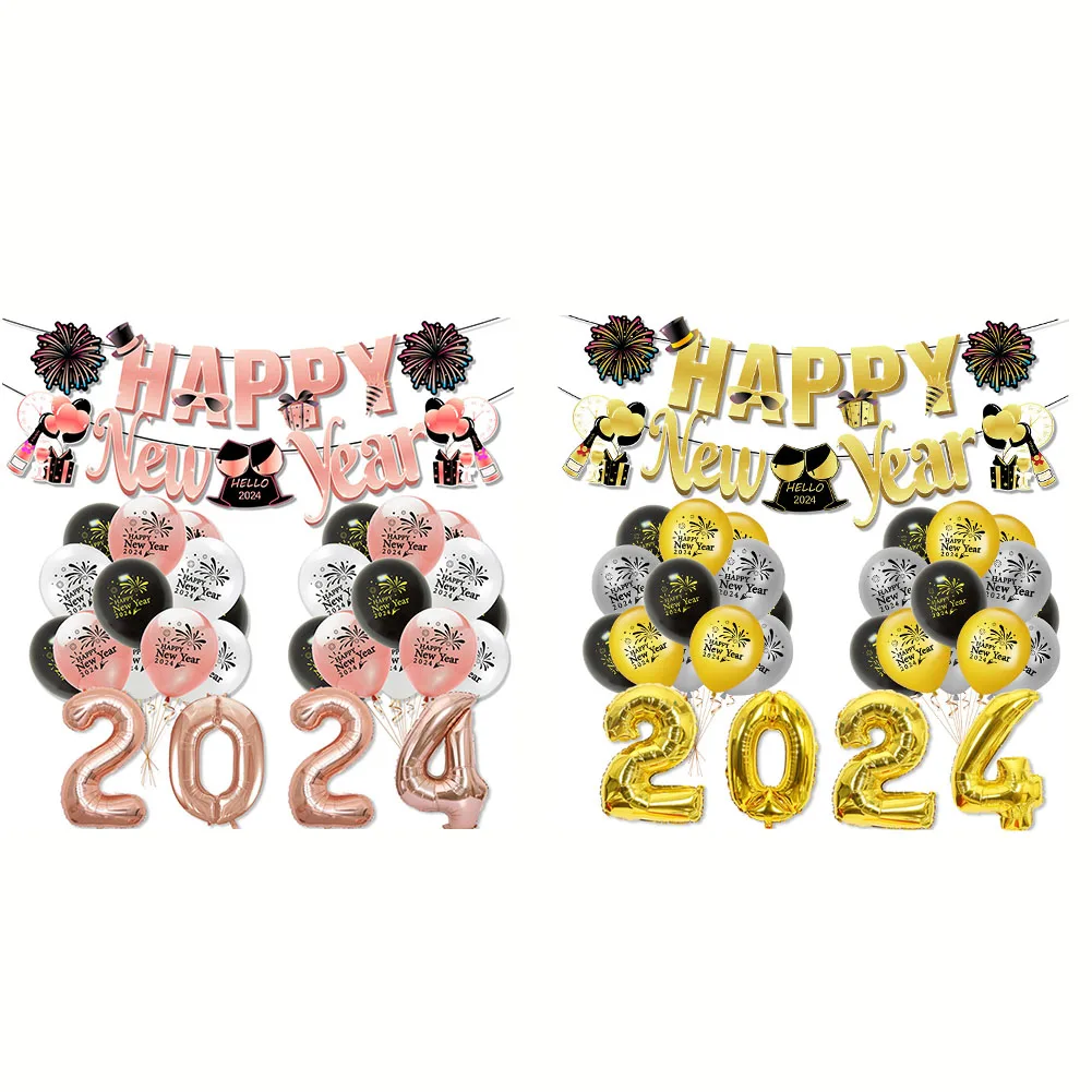 

2024 New Year Party Balloon Set Disposable Balloons Banner Happy New Year Balloon Set Decoration Photo Booth Props Supplies