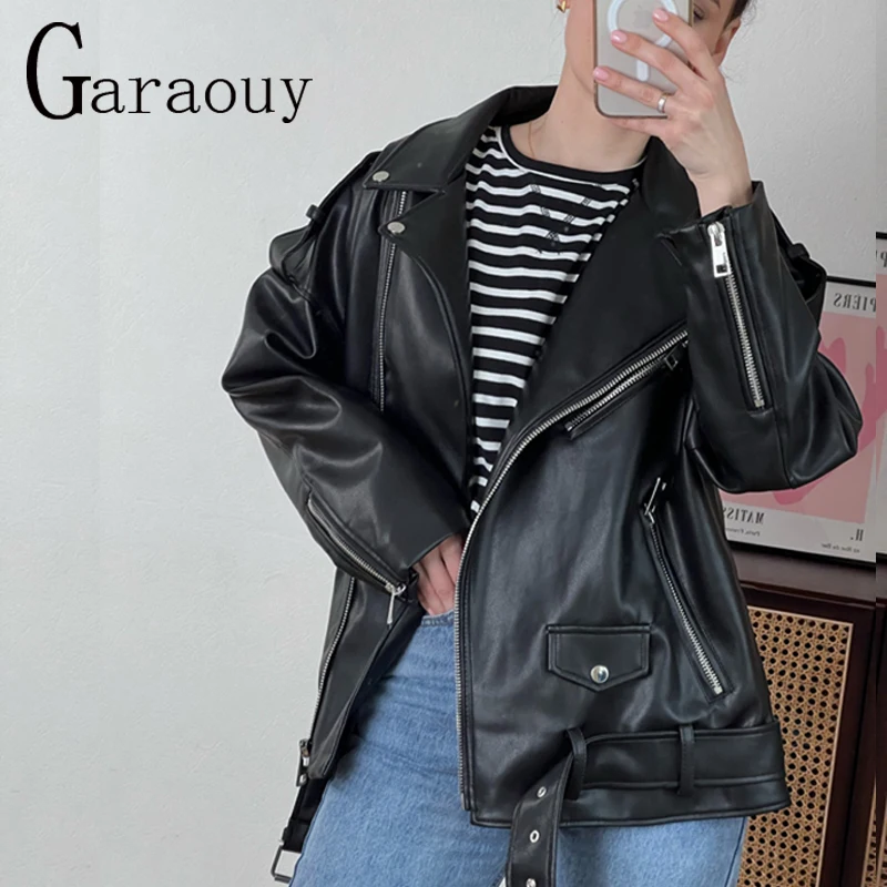 Garaouy 2022 New Spring Autumn Women Pu Faux Leather Jacket Zipper Biker Jackets Loose Chic Coat Female Outwear Femme Tops Mujer