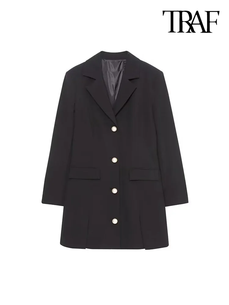 

TRAF Women Fashion Front Pearl Button Mini Dress Vintage Long Sleeve Flap Pockets Female Dresses Vestidos Mujer