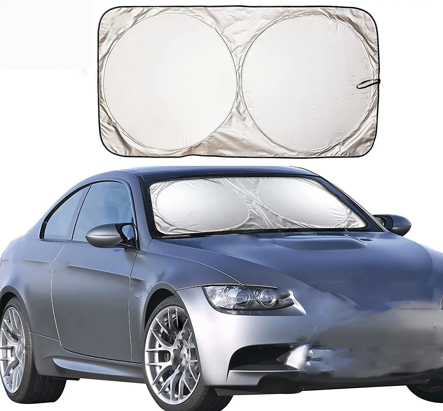 

Car Windshield Sunshade Coated Silver Cloth Double-circle Sun Visor Various Sizes Optional Foldable Easy Storage Heat Resistant