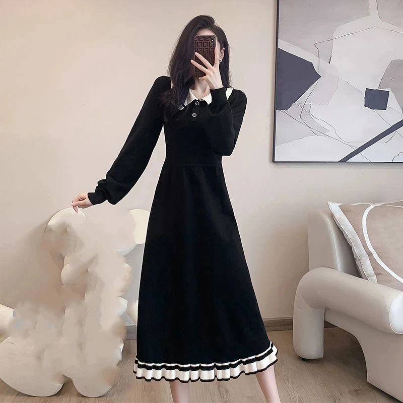 

French Vintage Black Sweater Dress For Women 2023 Luxurious Autumn Winter Dress Korean Style Inner Midi Knitted One-Piece Dress