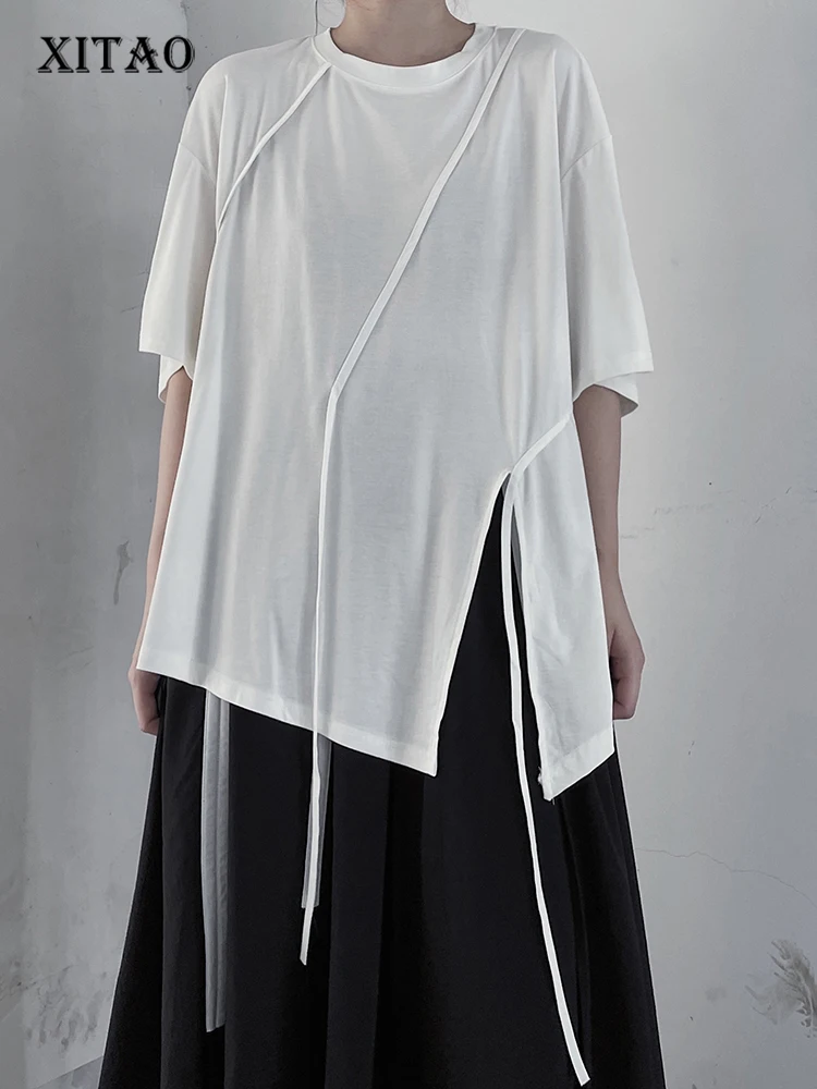 

XITAO Fashion Casual Women T-shirt Loose Simplicity Irregular Loose Solid Color Diagonal Webbing Summer New All-match WLD8424