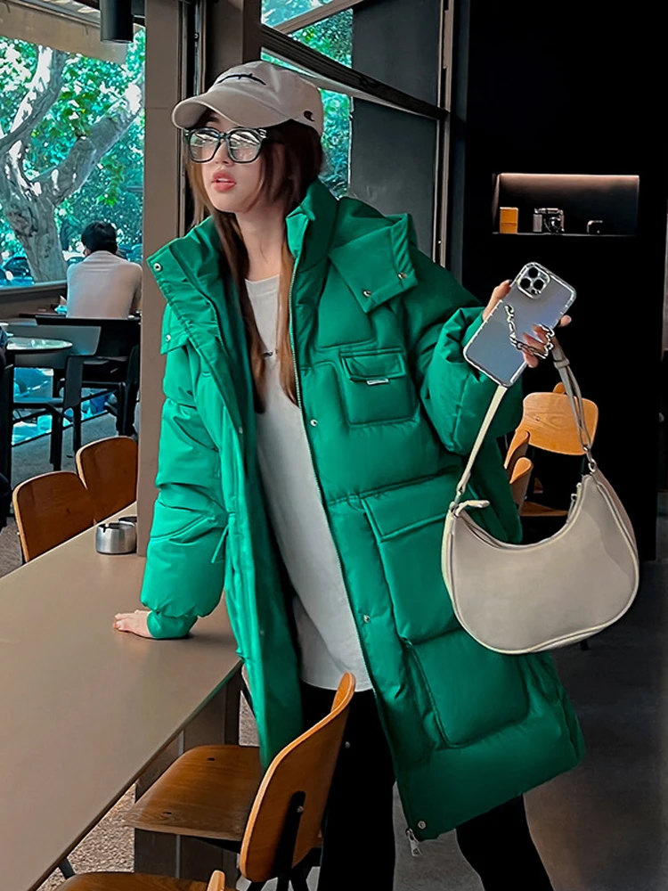 GOPLUS Women Winter  long over-the-knee down Parkas Jackets Casual Pockets Thicken Padded Warm Hooded Coat Female Outwear