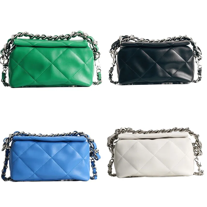 Mini Box Handbags For Women 100% Genuine Leather Thick Chain One Shoulder Bags Diamond Lattice Cover Zipper Crossbody Bag Purse