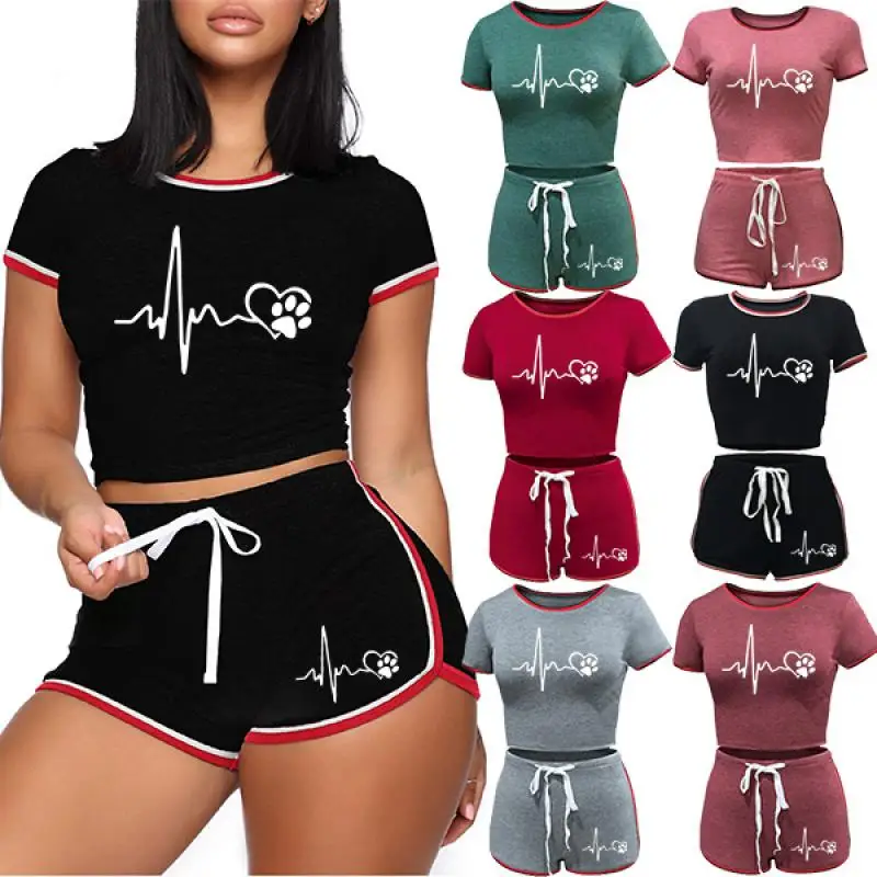 

Casual Women Two Piec Set T Shirts And Shorts Set Summer Short Sleeve O-neck Casual Joggers Biker Shorts Sexy Outfit For Woman
