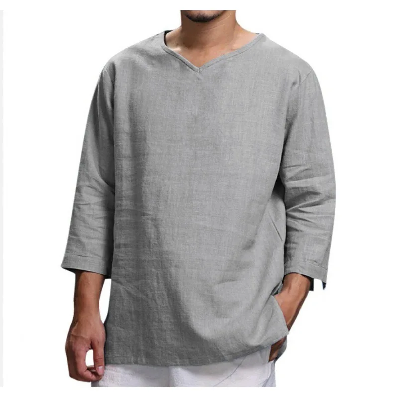 2022 autumn new solid color cotton and linen three-quarter sleeve men's V-neck shirt large size loose casual men's pullover top