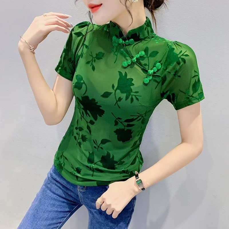 

#6713 Black Green Mesh T Shirt Women Stand Collar Thin See Through T Shirt Ladies Chinese Style Skinny Womens Tshirt Buttons