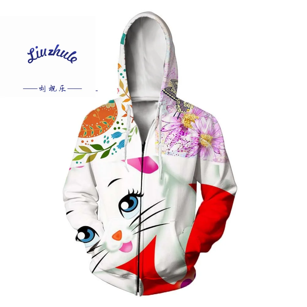 

Disney female Adventure Mary Cat Costume Printing 3D digital Hoodie tops Sweatshirt Cosplay Coats Zipper Jacket girl Coat Hoodes