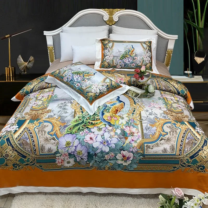 Chic Peacock Floral Duvet Cover set Vintage Stylized 50%Bamboo and 50%Cotton Ultra Soft Silky Bedding set Bed Sheet Pillowcases