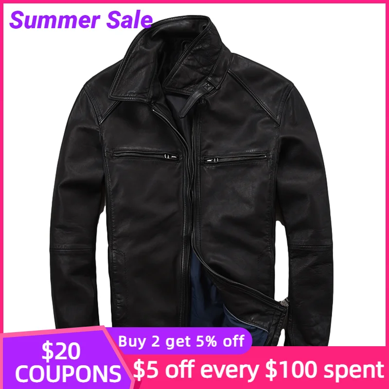 

Мужская повседневная кожаная куртка, черная облегающая осенняя куртка из натуральной овечьей шкуры, модель 3XL, 2022