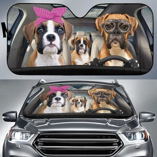 

Funny Boxer Driving Headband and Eyeglasses Dog Family Summer Car Sunshade, Boxer Car Window Sun Cover, Car Windshield Durable V