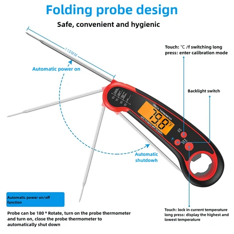 Красный складной цифровой кухонный термометр для еды, быстрое измерение, водонепроницаемая открывалка для бутылок для мяса, воды, молока, приготовления барбекю, гриля