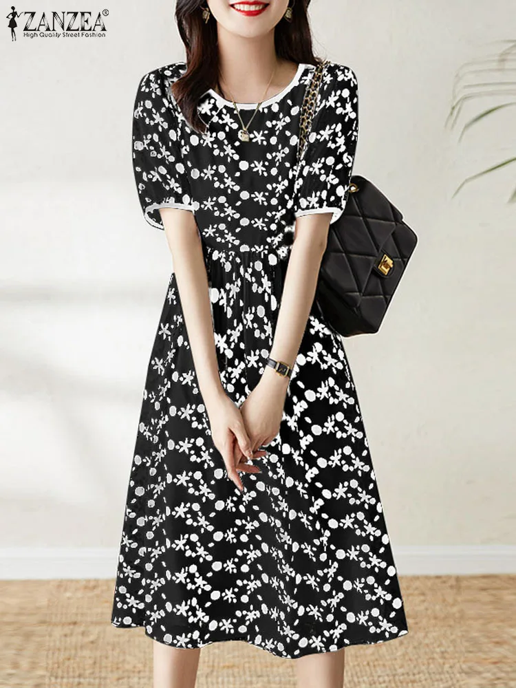 

ZANZEA Elegant Round Neck Dress Fashon Floral Print Dating Women Short Puff Sleeve Waisted Midi Dresses Color Block OL Vestidos