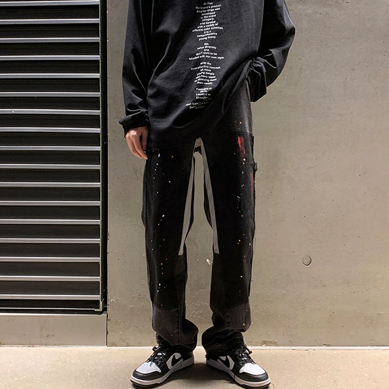 

Jeans Men's High Street Paint Spot Jeans Men's Straight Loose Casual Hip Hop Design Wide Leg Mopping Pants Y2k Aesthetic Pants