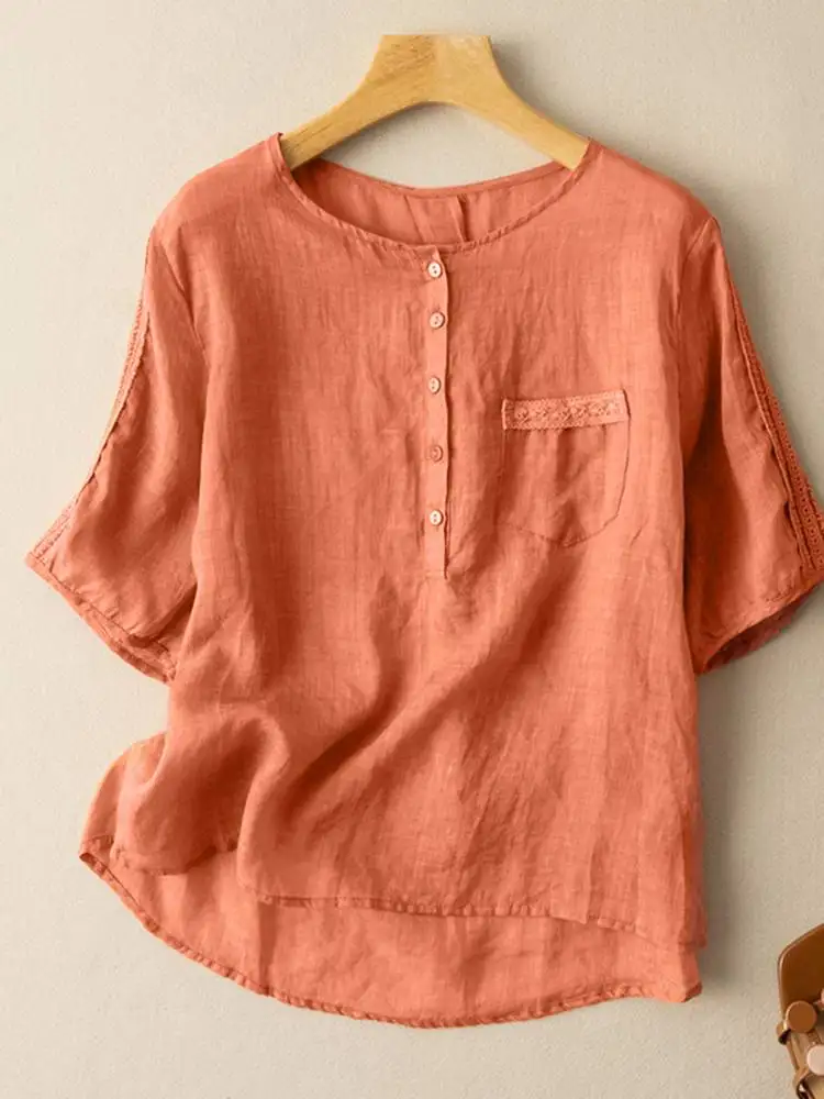 

Women Summer Blouse 2023 Vintage Half Sleeve Tops ZANZEA Fashion O Neck Camisas Casual Baggy Cotton Button Oversize Tunic Blusas