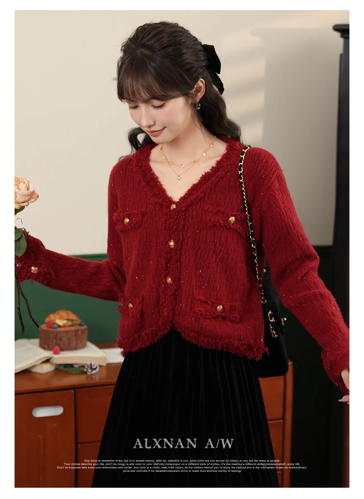 ALXNAN женские классические базовые кардиганы с необработанными краями v-образным