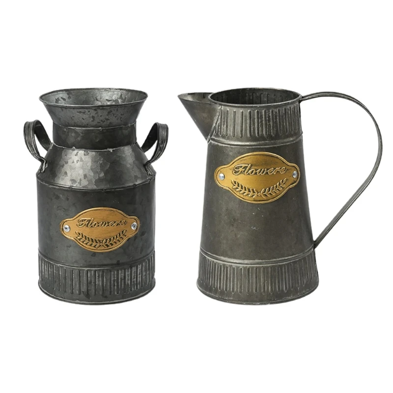 

Farmhouse Rustic Jug Vase Iron Shabby Planter Flower Pot Bucket Rural Decoration